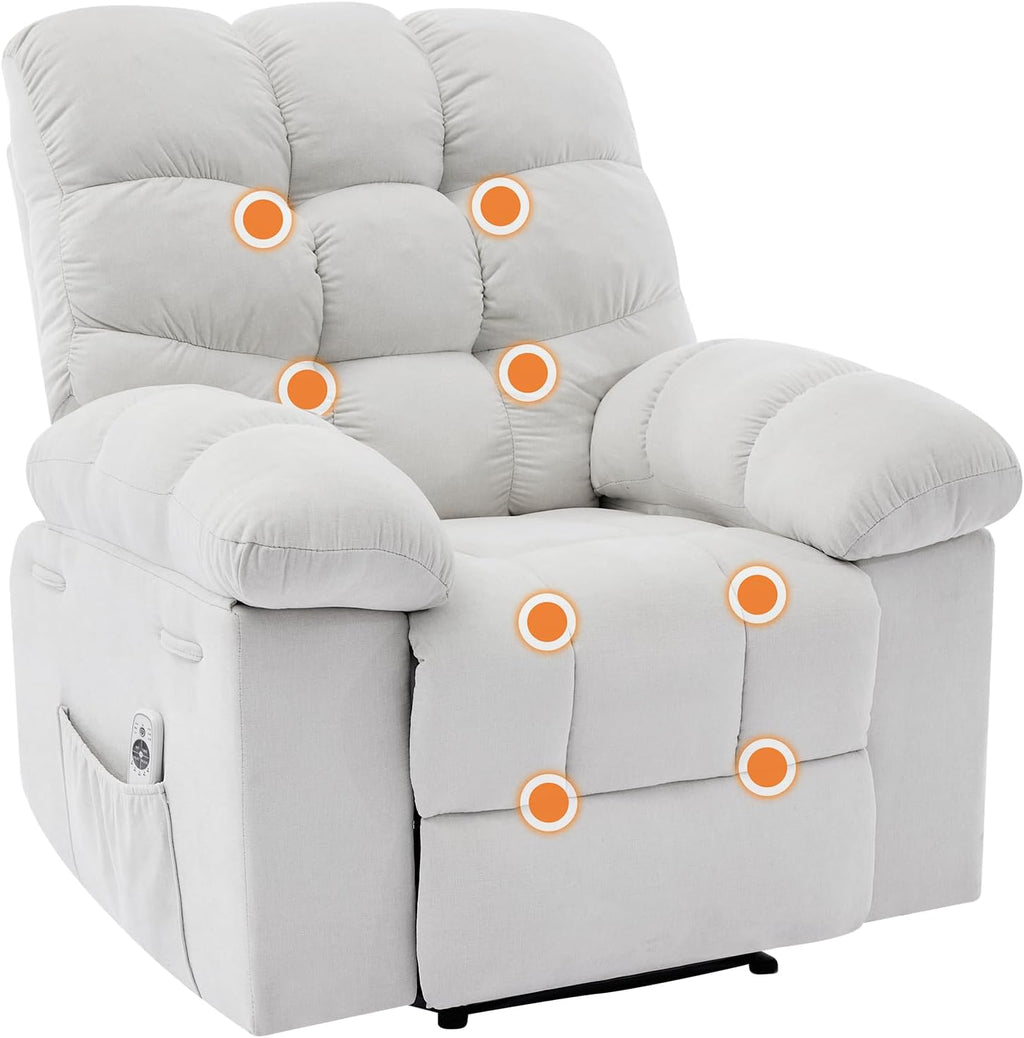 Recliner Rocking Chair with Massage & Heat, Wide Overstuffed Fabric Recliner with Breathable Upholstery, Ergonomic Design, 2 Side Pockets & Remote Control for Living Room or Bedroom (Beige)