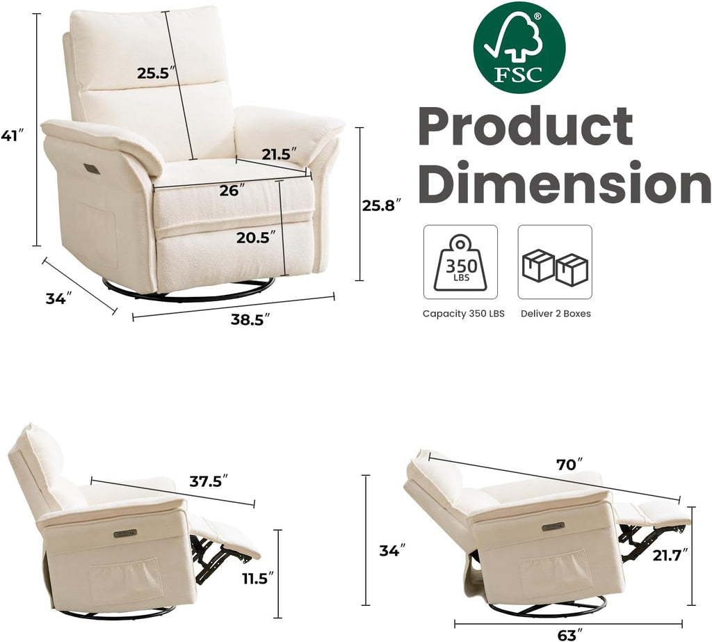 Oversized Power Recliner Chair Swivel Glider with Massage and Heat, Rocker Nursery Recliner for Adults with Adjustable Headrest, 26' Extra Wide Nursery Chair with Overstuffed Armrest,White