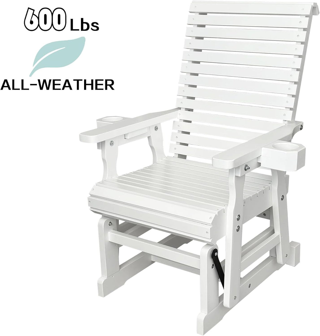 Fortune Candy Wooden Patio Glider for One Person, with High Backrest and Deep Contoured Seat, Solid Fir Wood, Heavy Duty 600 LBS (White, 1-Seater)