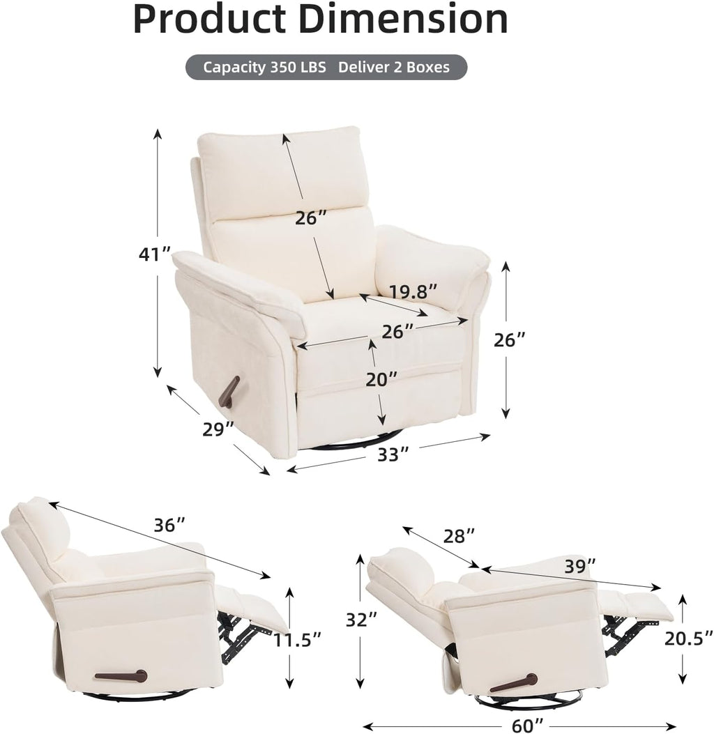 Oversized Recliner Chair, 26' Extra Wide 360° Swivel Rocker Recliner with Adjustable Headrest, Chenille Glider Rocking Nursery Chair with Overstuffed Armrest, Lumbar Support, White