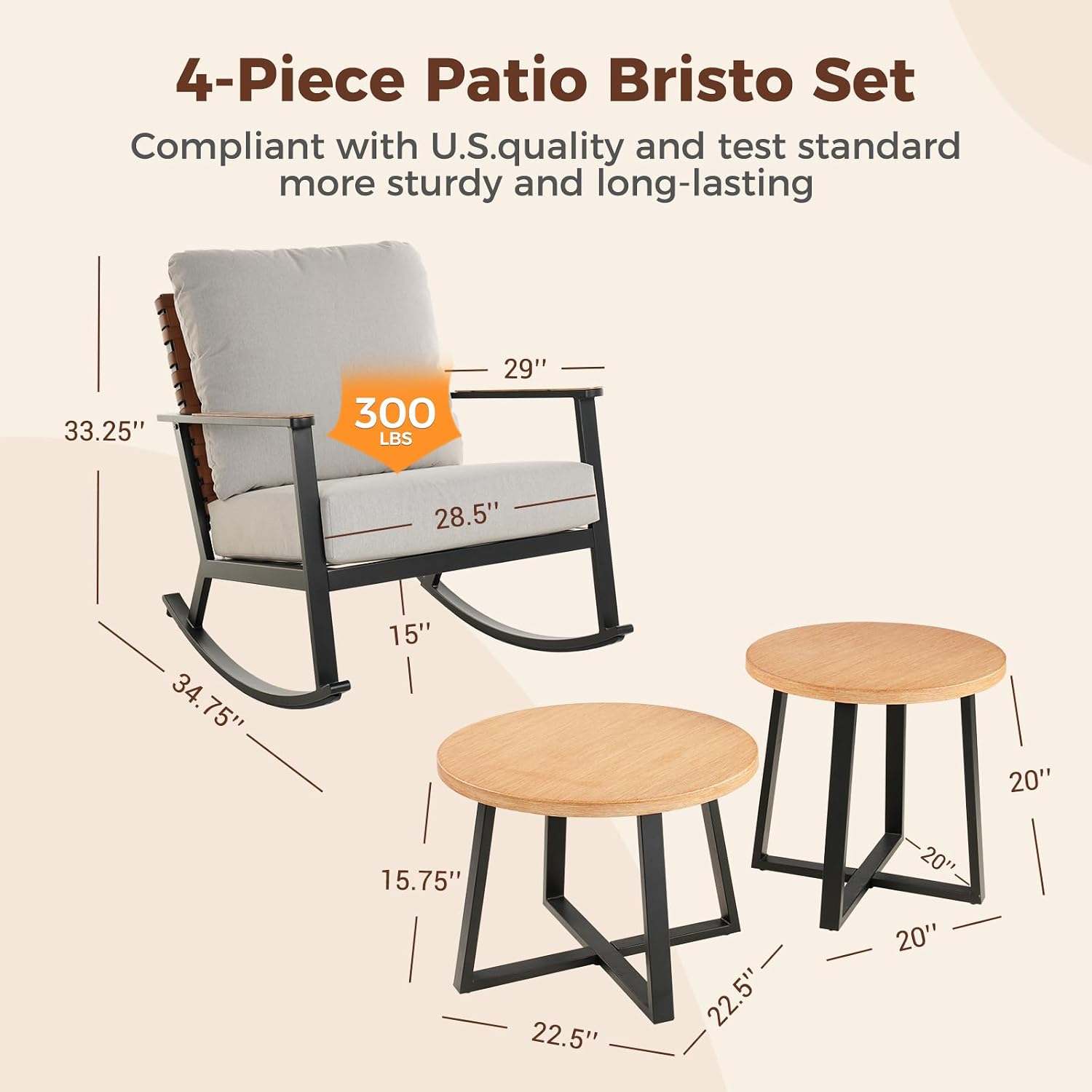 Grand patio Outdoor Rocking Chairs, 6-Piece Leather-Look Patio Bistro Set Outdoor Furniture Conversation Sets with Loveseat, 2 Rocking Chairs and 2 Faux Wood Grain Coffee Table, 4.75'' Grey Cushions