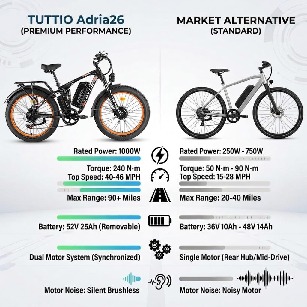 Tuttio-Adria26 6000W/5000W Peak Dual-Motor Ebike for Adults - 52V Fast Ebike, Long-Range Electric Bicycle, Full Suspension, 26 Inch Fat Tire Bike for Off-Road, Mountain, Snow, Hunting, Commuting