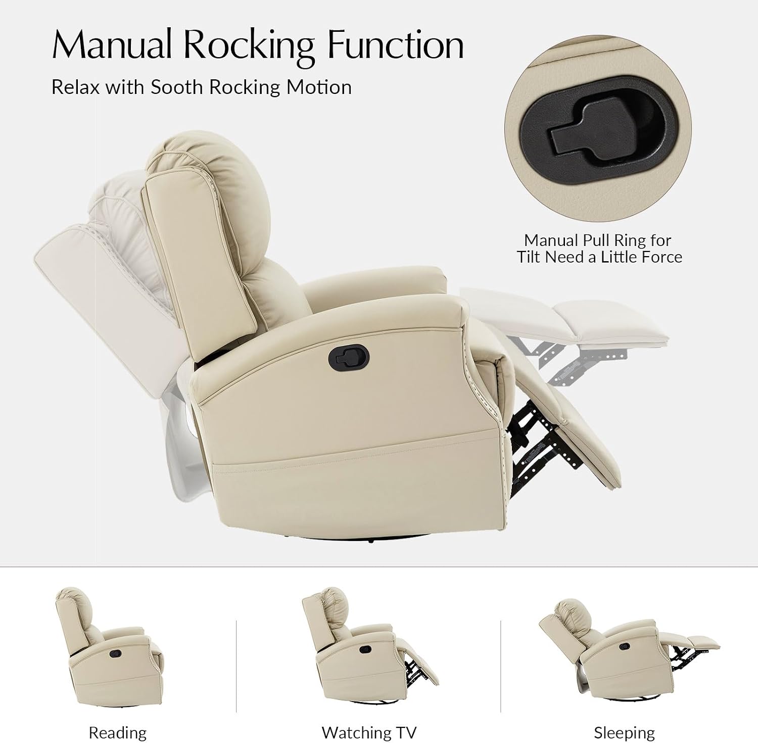 HULALA HOME Genuine Leather Recliner Chair, Swivel Rocker Chair with Thick Seat, Classic Push Back Armchair with Backrest, Nailhead Trim, Beige