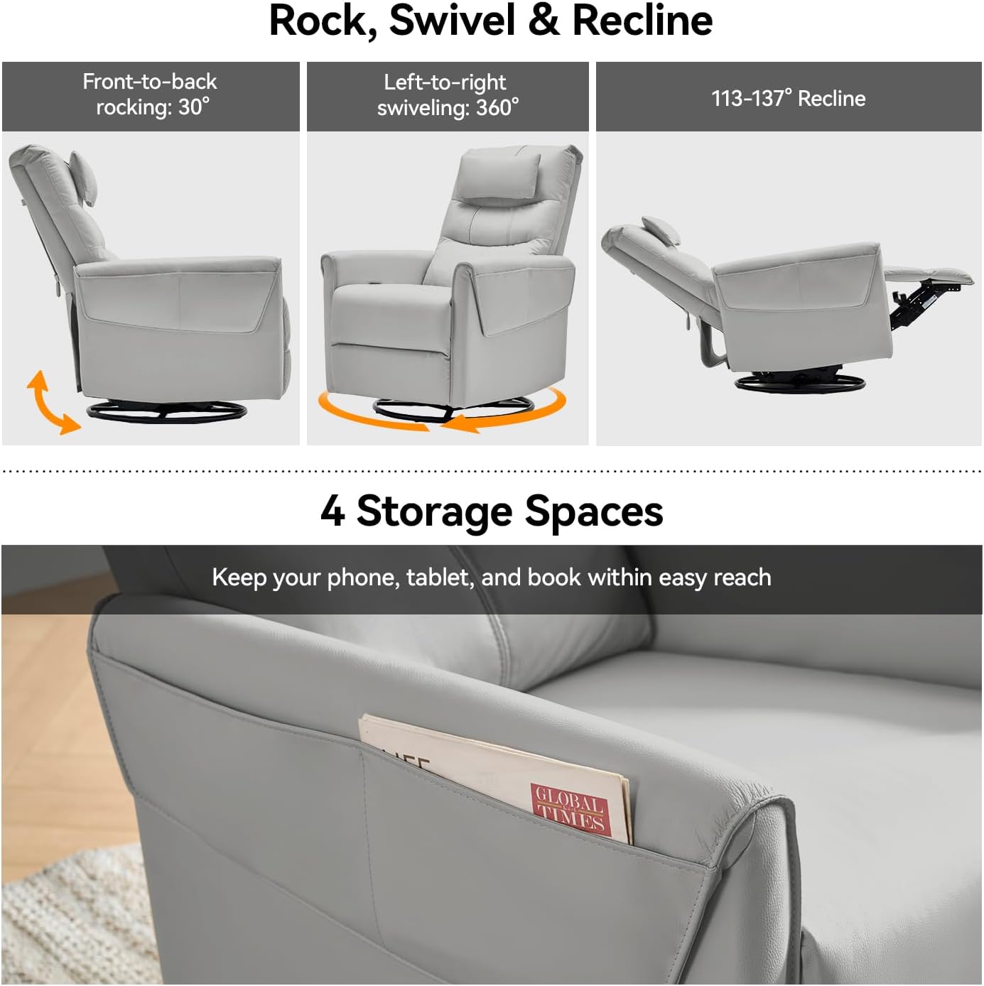 AIRSKY Leather Recliner Chair, Top Grain Leather, Italian Water-Washing Process, Movable Headrest,Recliner Chairs for Adults, Nursery Rocking Chairs,Swivel Rocker Recliner, Living Room Chair,Grey,R3