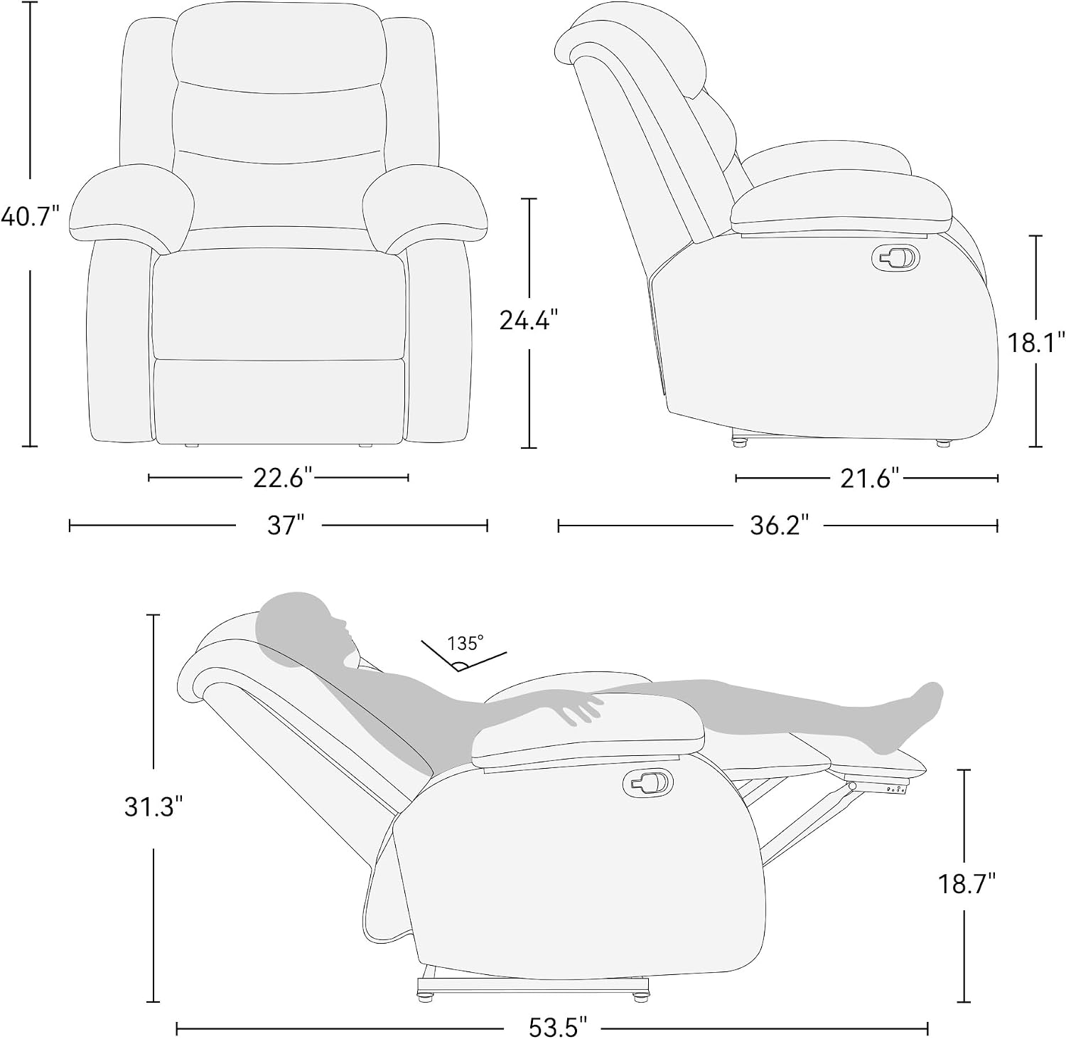 Oversized Fabric Recliner Chair, Overstuffed Manual Recliner Chair Single Sofa with Comfortable Arm and Backrest, Comfty Home Theater Seating for Living Room, Meeting Room, Bedroom, Light Grey
