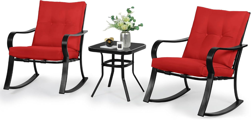 SOLAURA 3-Piece Outdoor Rocking Chairs Bistro Set, Black Iron Patio Furniture with Red Thickened Cushion & Glass-Top Coffee Table