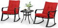SOLAURA 3-Piece Outdoor Rocking Chairs Bistro Set, Black Iron Patio Furniture with Red Thickened Cushion & Glass-Top Coffee Table