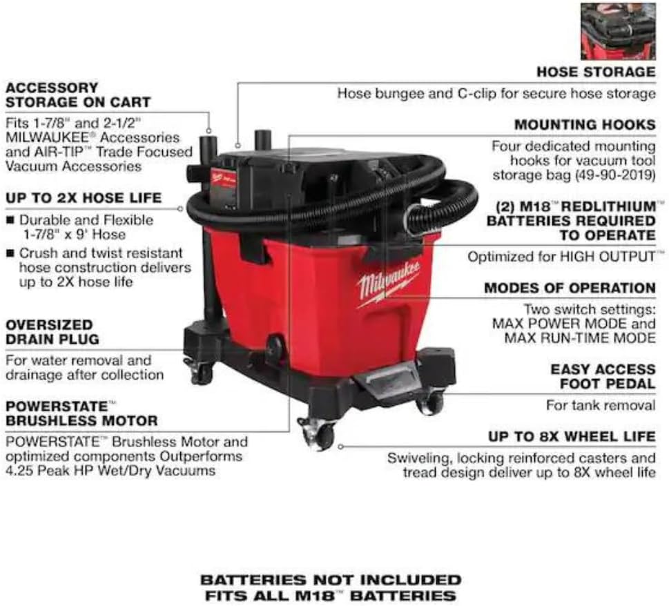 Milwaukee 0920-20 M18 Fuel 9 Gallon DualBattery Wet/Dry Vacuum (Bare Tool)