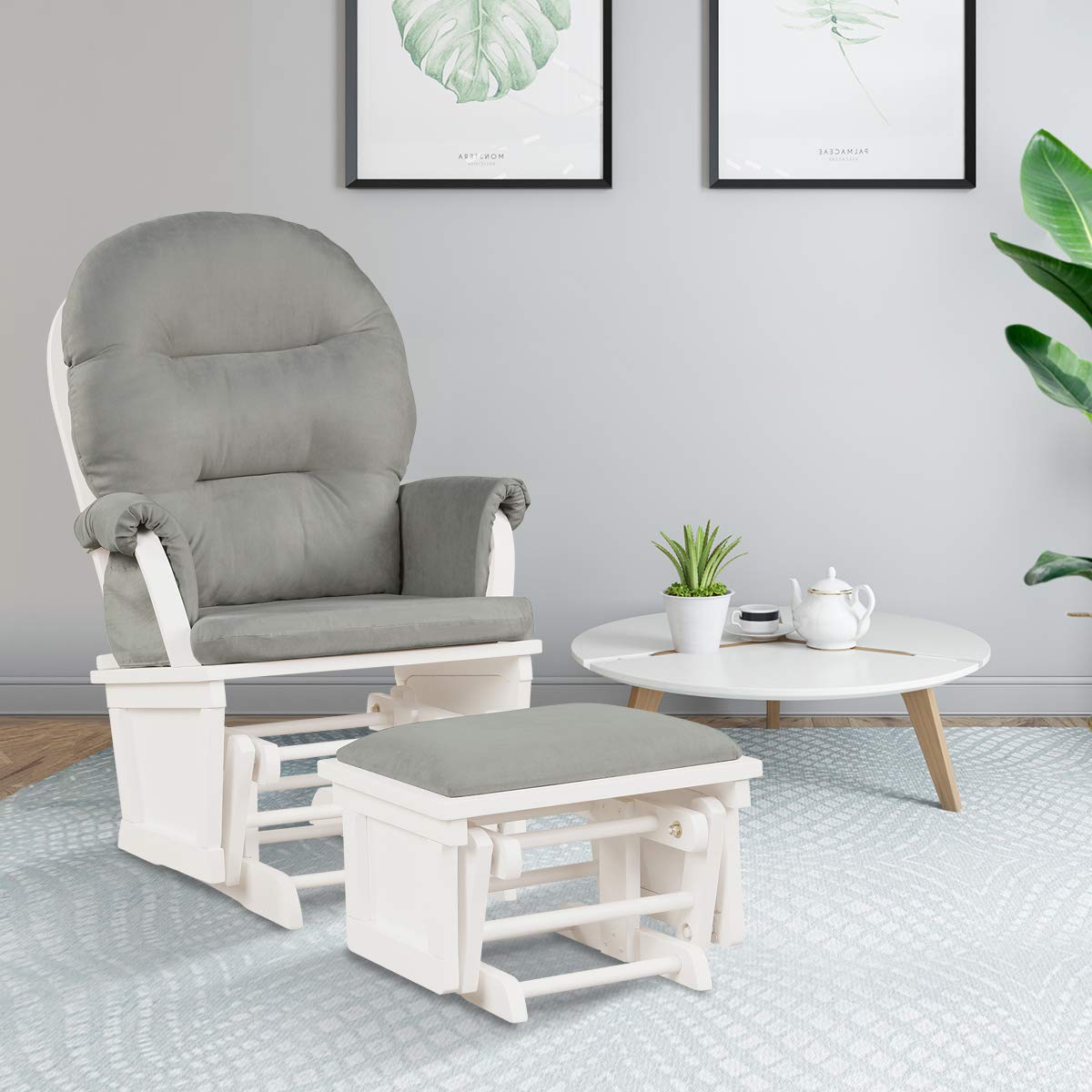 Costzon Baby Glider and Ottoman Cushion Set, Wood Baby Rocker Nursery Furniture for Napping, Nursing, Reading, Upholstered Comfort Nursery Chair w/Padded Armrests & Detachable Cushion (Light Grey)