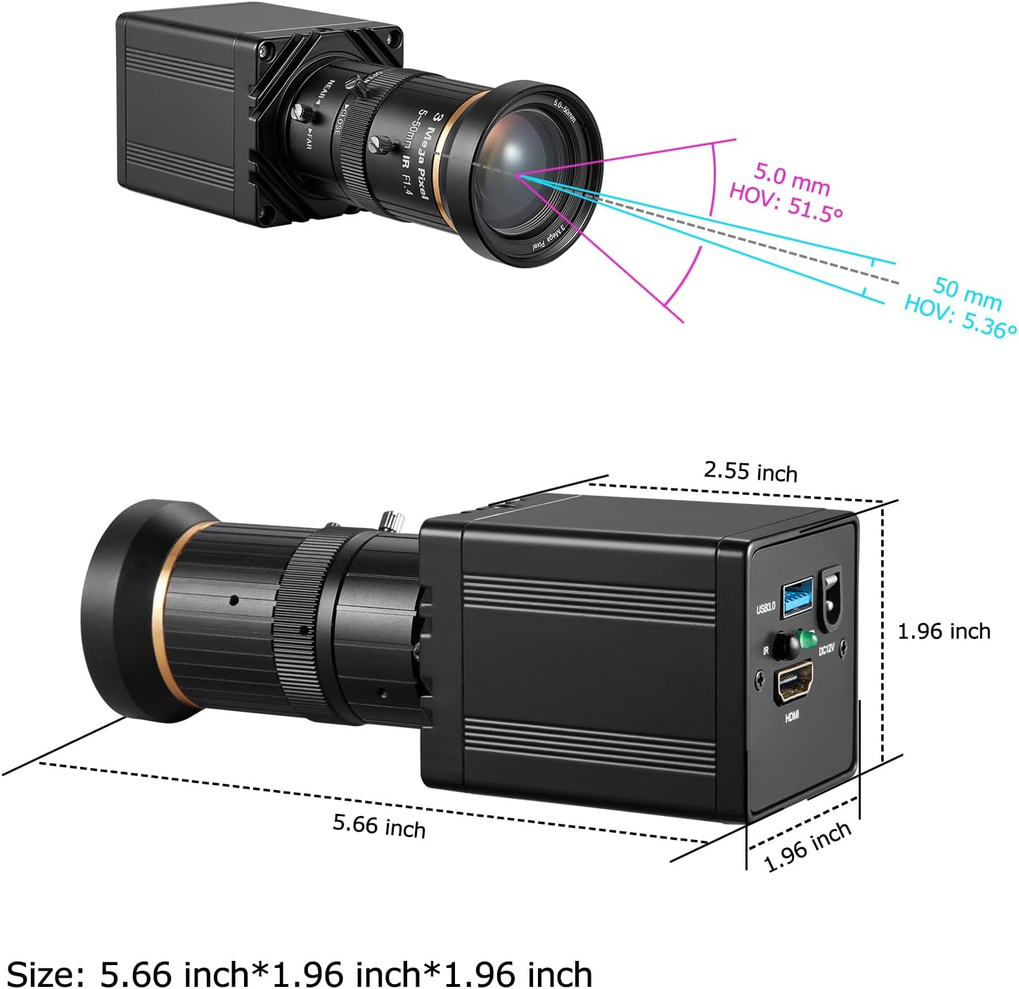 HDMI USB3.0 Dual Output HD 4K30fps Digital Security Camera, Industry Digital C-Mount with Manual 5-50mm Varifocal HD Lens, OSD Menu via Remote Controller