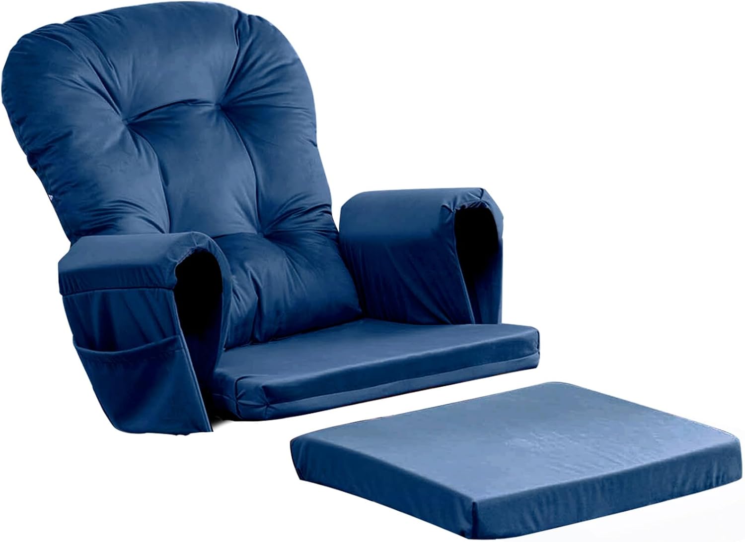 5PCS Glider Rocker Replacement Cushions Thick Soft Velvet Glider Cushions Replacement Set with Ottoman Cushion and Storage Pockets for Nursery Wooden Rocking Chair, Navy Blue