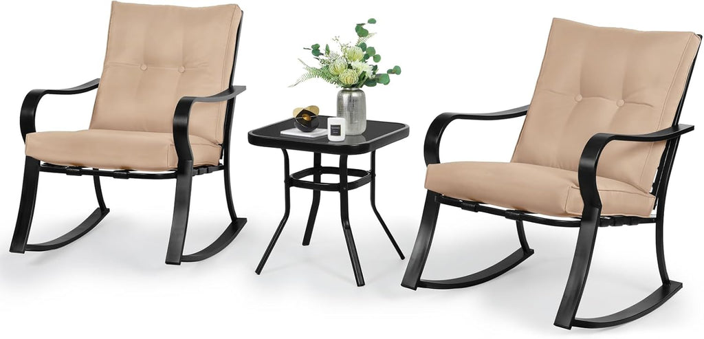 SOLAURA 3-Piece Outdoor Rocking Chairs Bistro Set, Black Iron Patio Furniture with Brown Thickened Cushion & Glass-Top Coffee Table