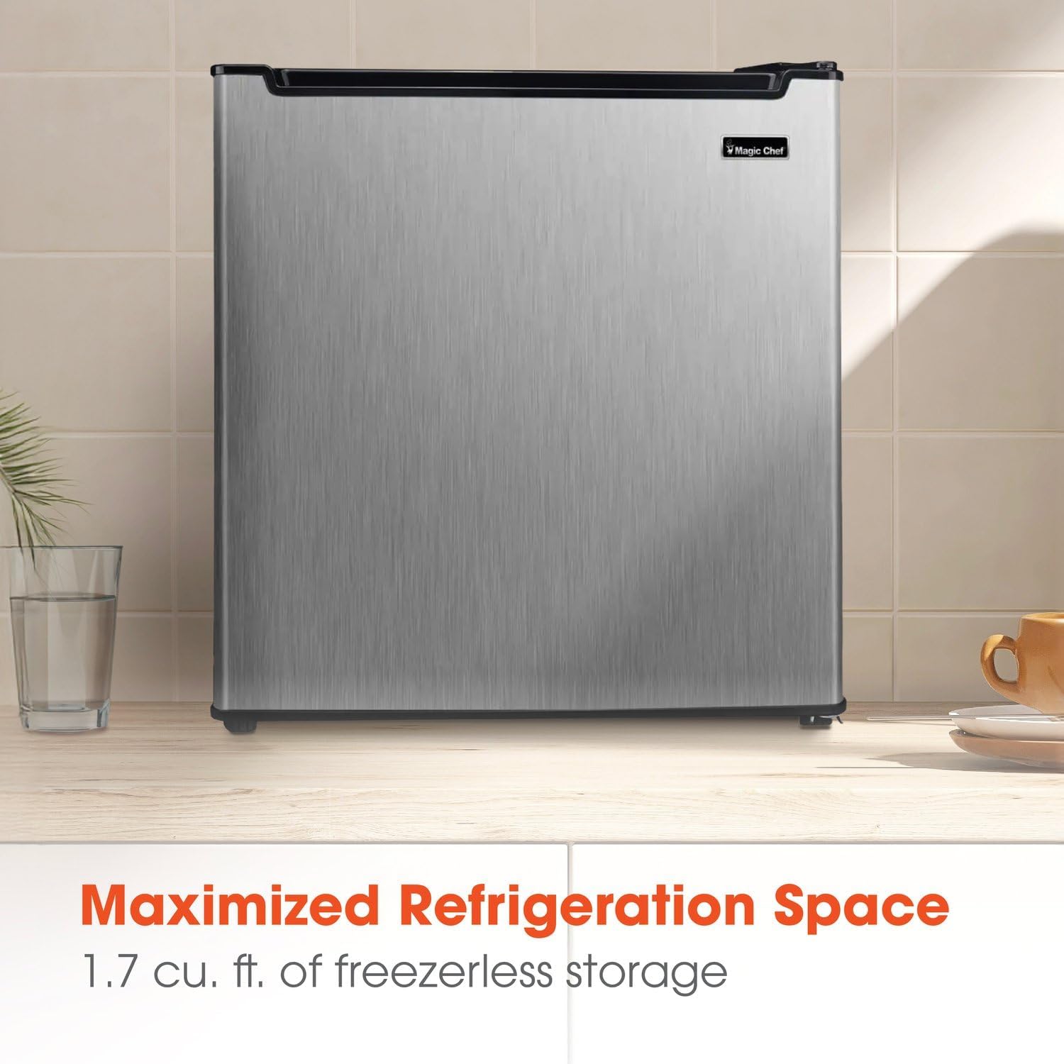 Magic Chef 1.7-cu. ft. Mini Fridge in Stainless Steel, Small Compact All Refrigerator with No Freezer for Bedroom, Apartment, Dorm Room, Office