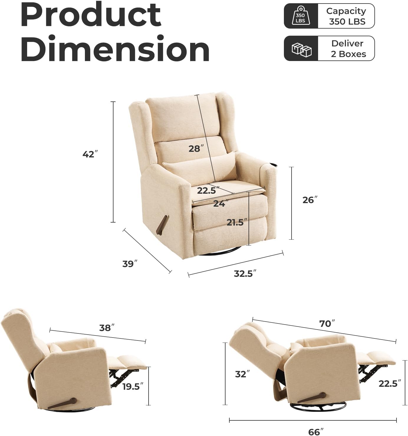 Large Glider Rocker Recliner,Rocking Chair Nursery with Adjustable Headrest,Swivel Rocker Recliner with Lumbar Support,Manual Nursery Rocker Recliner for Living Room& Bedroom,Chenille Beige