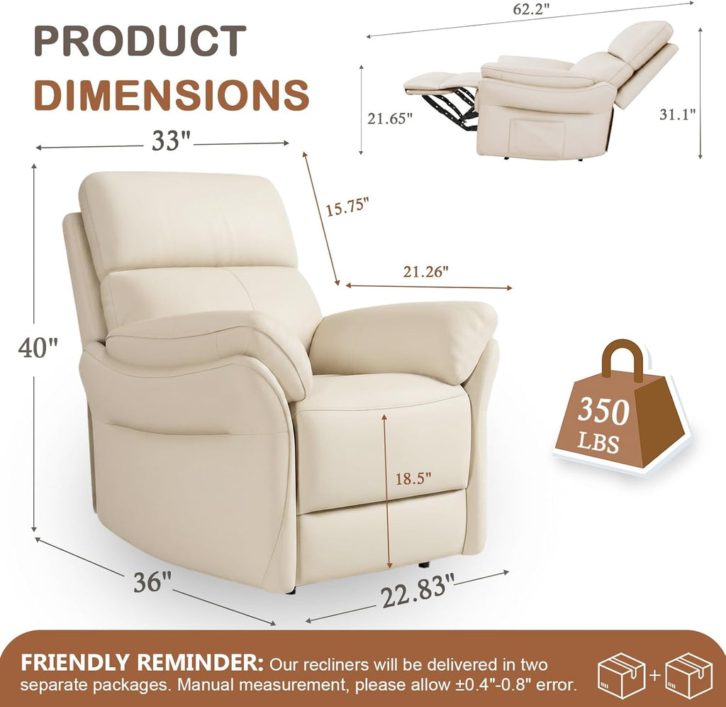 AIRSKY Genuine Leather Recliner Chair, Top Grain Leather, Italian Water-Washing Process, Lazy boy Recliner Chair, for Living Room, Theater Seating, Bedroom, Beige,R1
