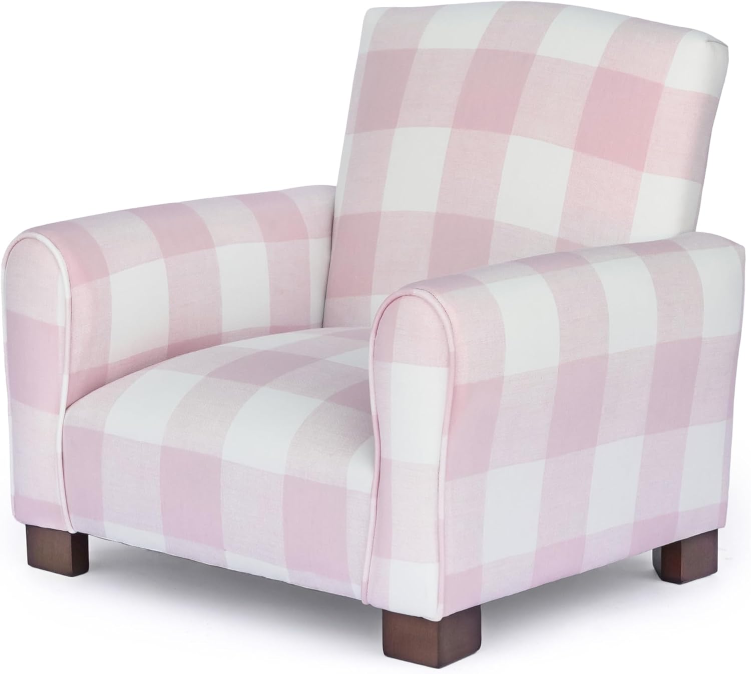 Toddler Personalized Armchair, Kids Upholstered Rocking Chair with Personalization, Toddler Chair with Personalized Name, Comfy Child Armchair (Legs, Pink Check)