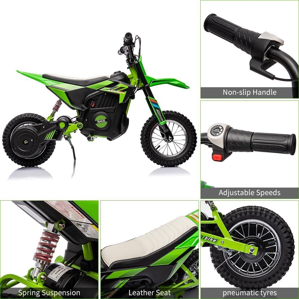 24V Electric Off-Road Motorcycle,250W Motor 13.6MPH Fast Speed Motocross,Leather Seat Dirt Bike,Twist Grip Throttle,Metal Suspension,Air-Filled Tires,for Kids Teens 8+ (Green)