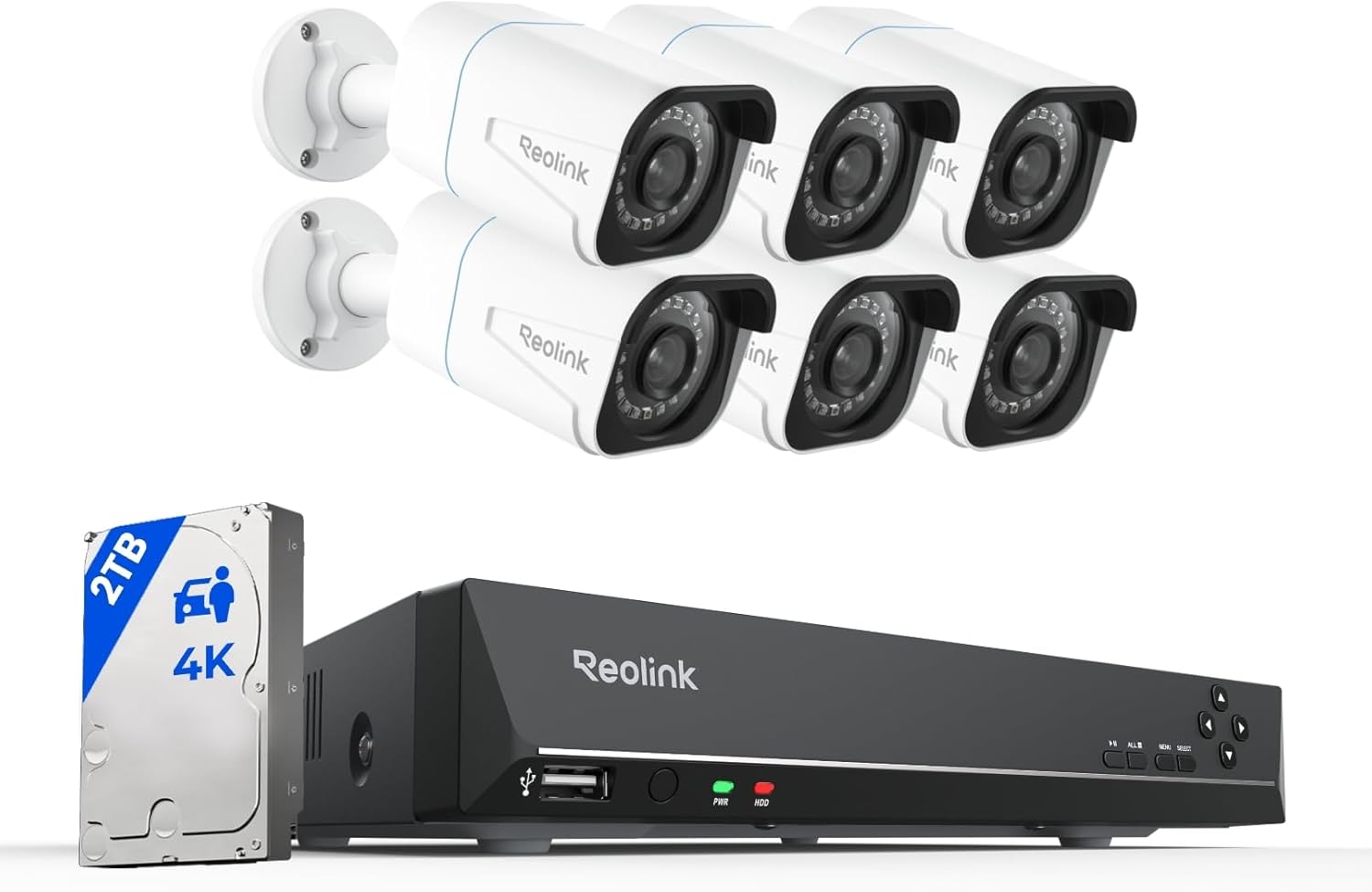 REOLINK 8CH 4K Security Camera System, 6pcs H.265 Bullet Wired PoE Cameras for Home Security Outdoors, Smart Person Vehicle Detection, 8CH NVR Recorder with 2TB HDD for 24-7 Recording, RLK8-800B6