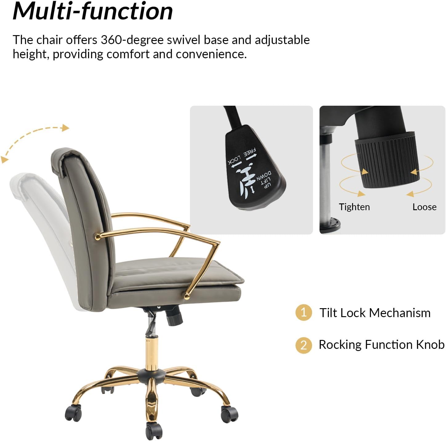 HULALA HOME Faux Leather Office Chair, Modern Adjustable Swivel Rocking Rolling Wheels Computer Desk Chair with Gold Legs and Arms, Upholstered Study Chair (Grey)
