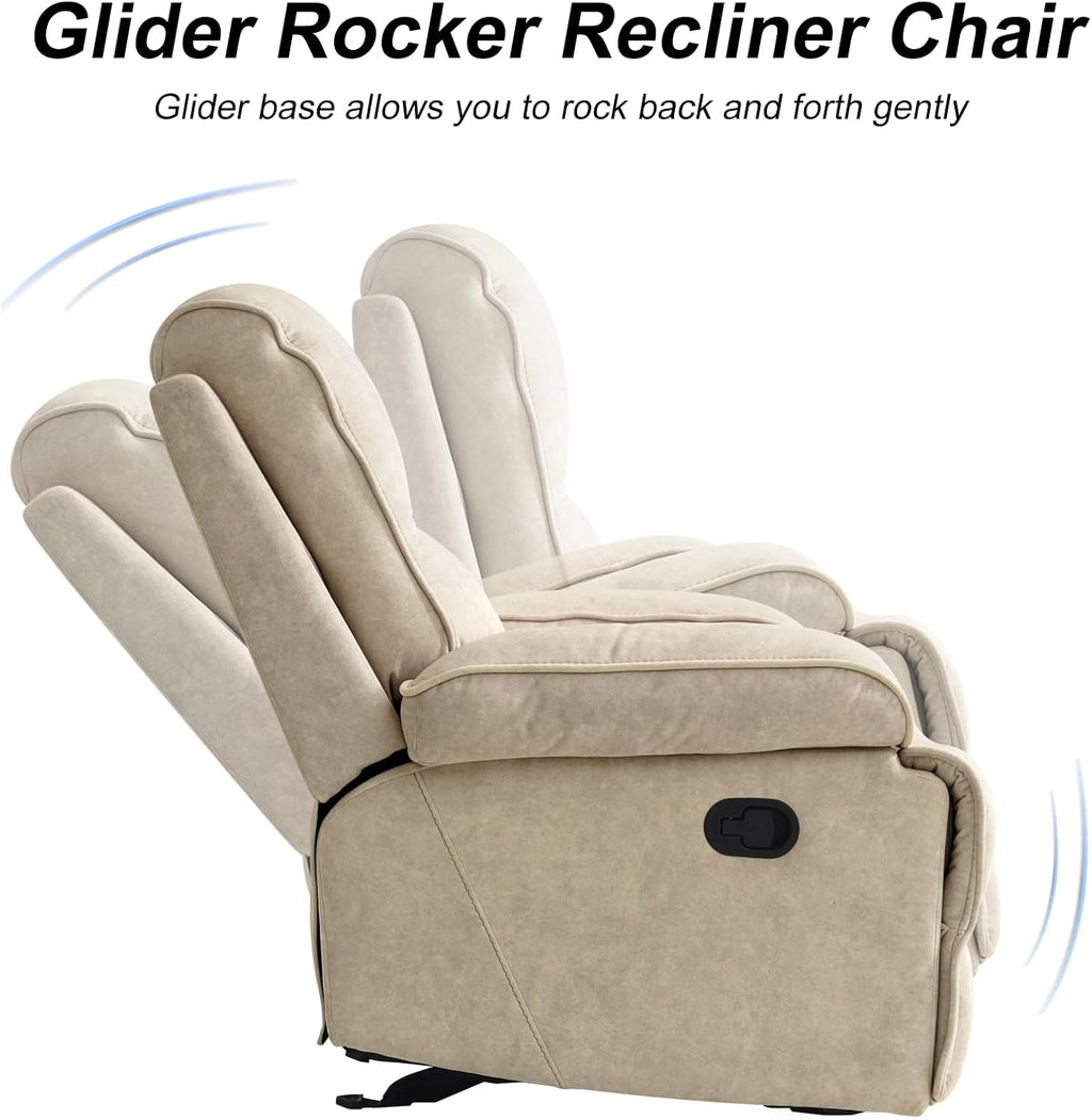 Manual Rocker Recliner Chair for Adults, High Back Glider with Deep Seat, Upholstered Fabric Armchair for Living Room & Nursery, Flaxen
