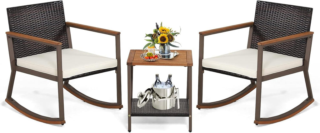 Tangkula 3 Pieces Rocking Bistro Set, Outdoor Rocker Chair with Coffee Table & Cushions, Patio Rattan Furniture Conversation Set for Balcony Porch Poolside (Off White)