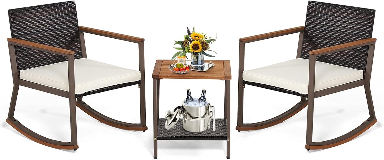Tangkula 3 Pieces Rocking Bistro Set, Outdoor Rocker Chair with Coffee Table & Cushions, Patio Rattan Furniture Conversation Set for Balcony Porch Poolside (Off White)