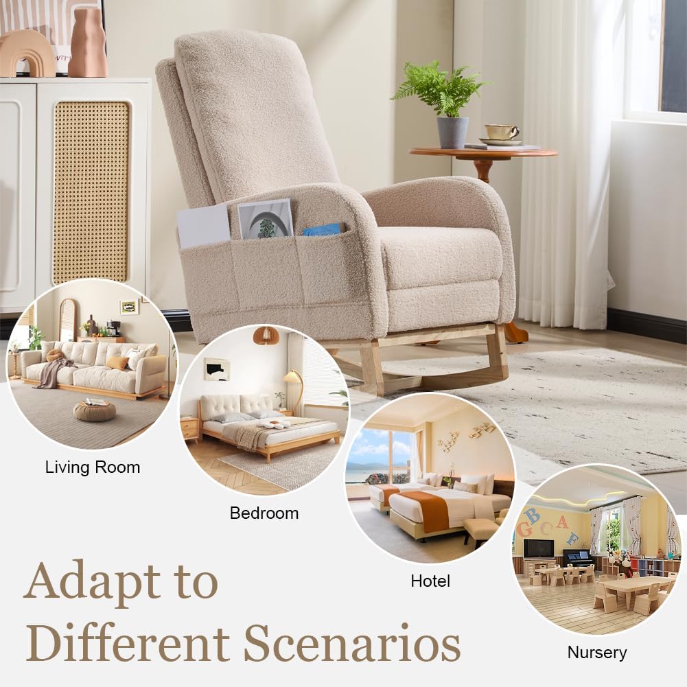 Rocking Chair Nursery with Foot Rest, Sherpa Nursing Rocking for Mom Nursery Rocker Chair with High Straight Backrest, Armchair Rocker Glider with Side Pocket for Living Room, Bedroom, Teddy Begie