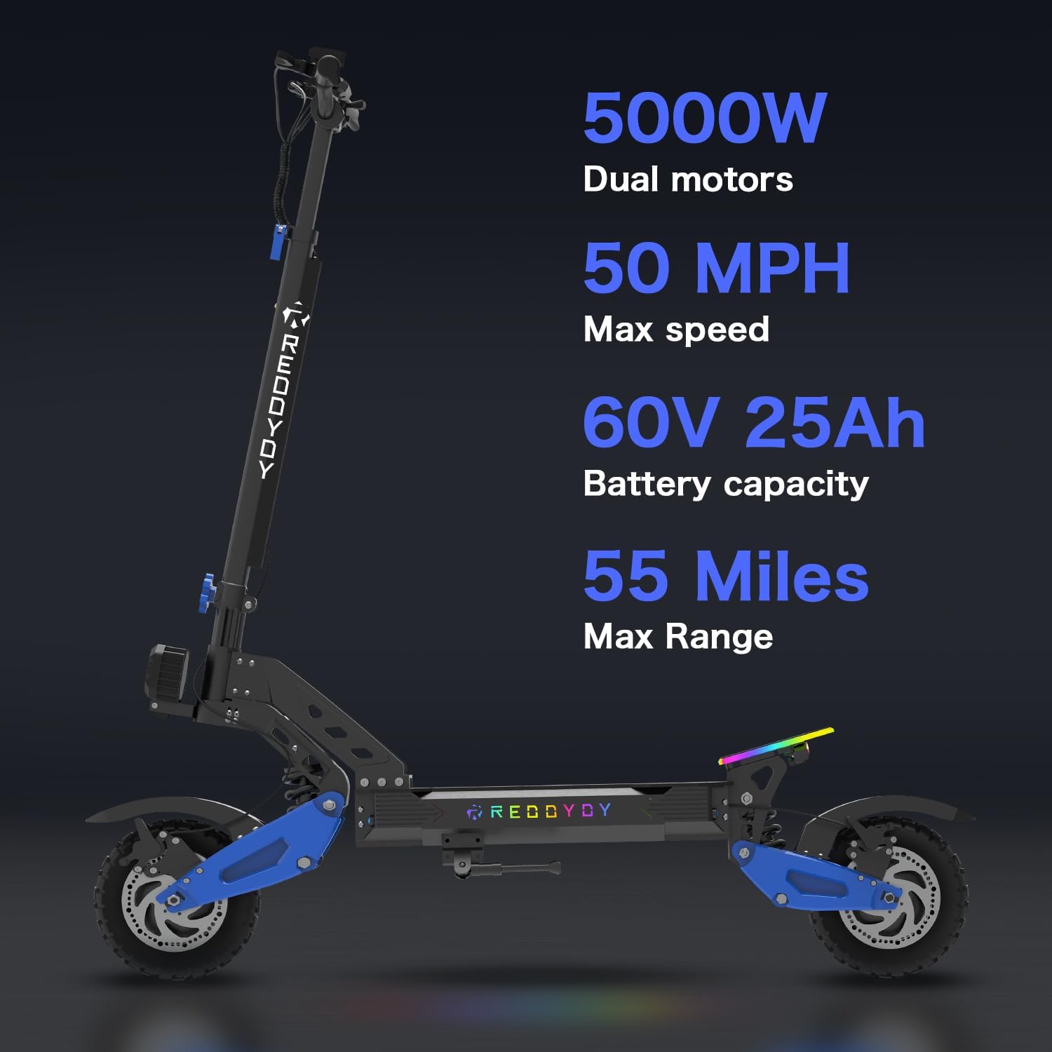 Electric Offroad Scooter 40-50 MPH Fastest Dual Motor Adult Scooter, 5000W Peak, 55-Mile Long Range, 10.5' Off-Road Tires, 60V 25Ah Battery