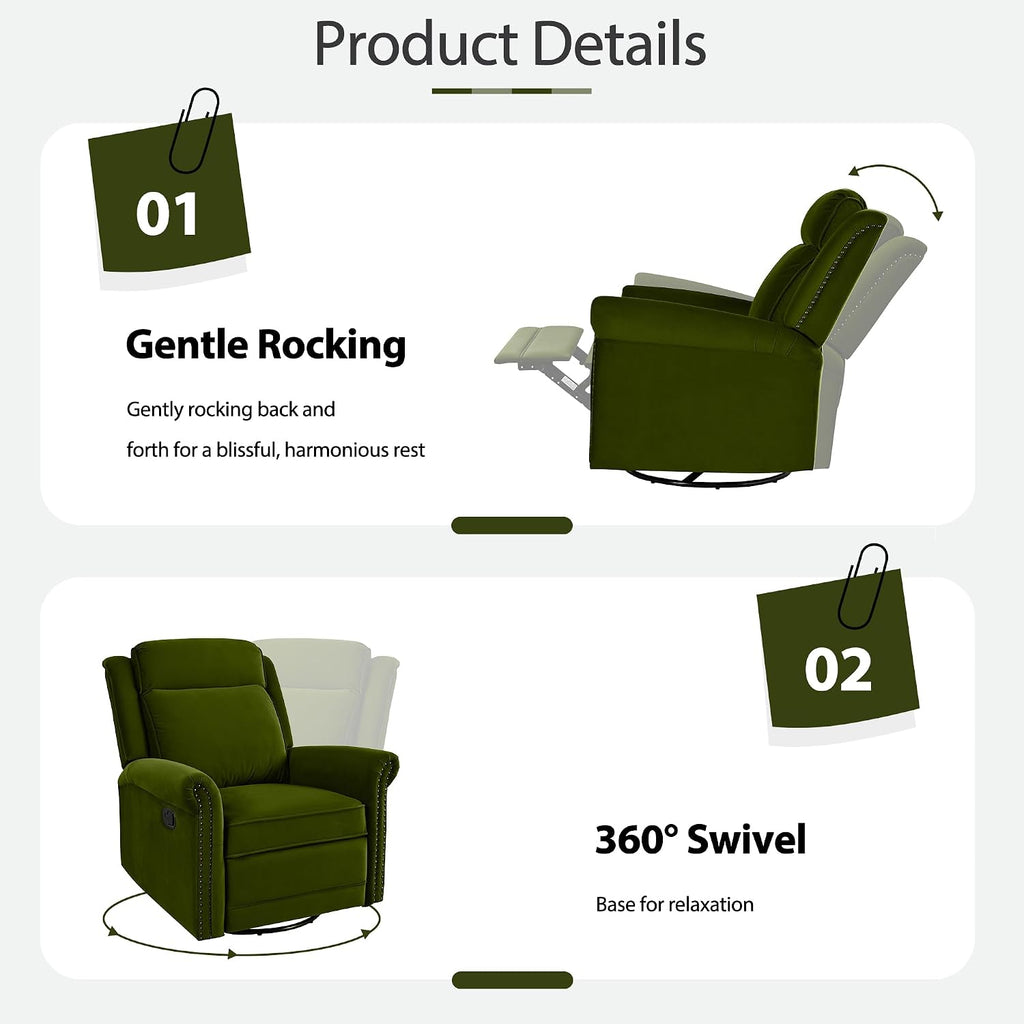 JIVOIT 360° Swivel Recliner Chair with Adjustable Backrest, Manual Rocking Recliner Home Theater Manual Recliner Chair with Metal Base and Velvet Fabric for Living Room (Green, 2)