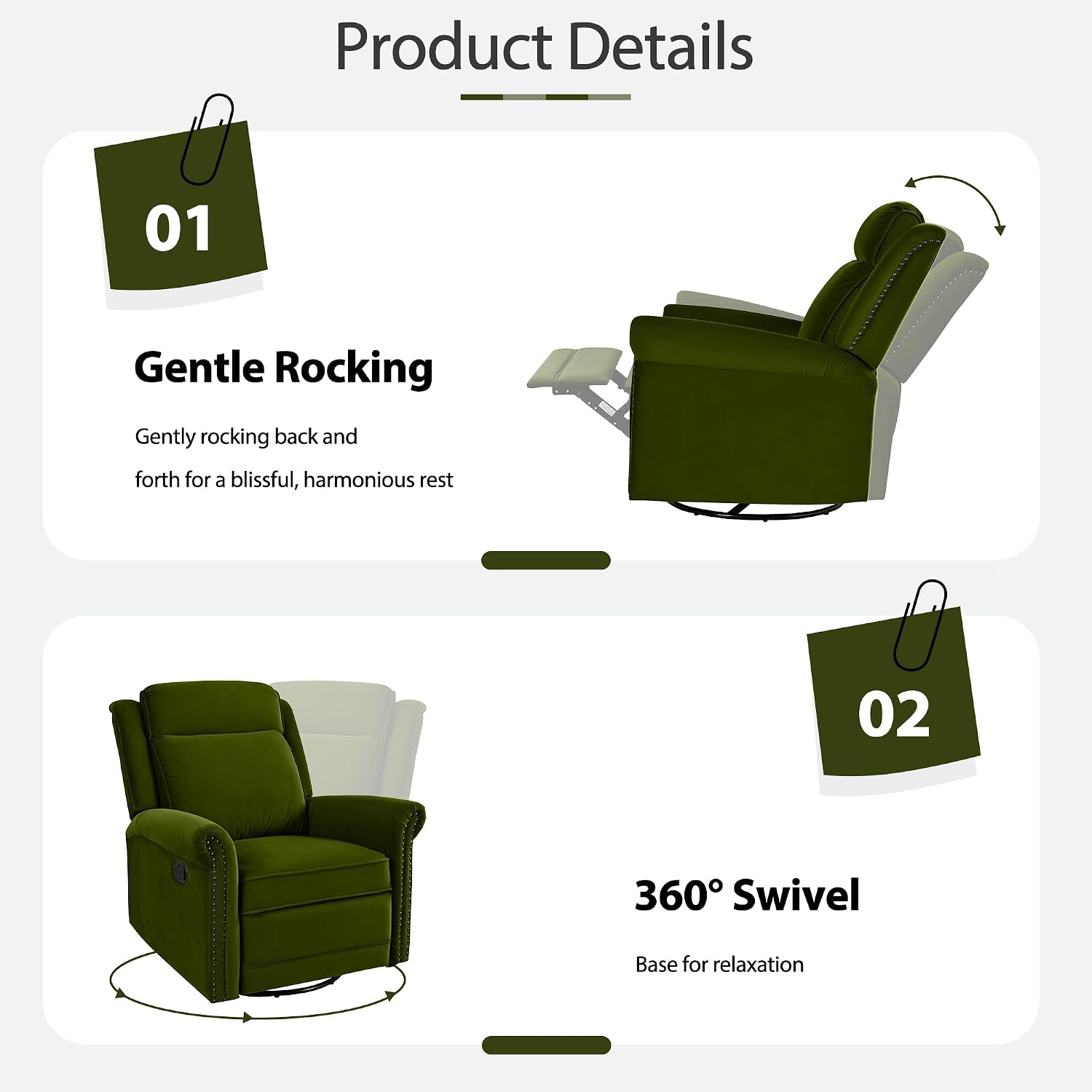 JIVOIT 360° Swivel Recliner Chair with Adjustable Backrest, Manual Rocking Recliner Home Theater Manual Recliner Chair with Metal Base and Velvet Fabric for Living Room (Green, 2)