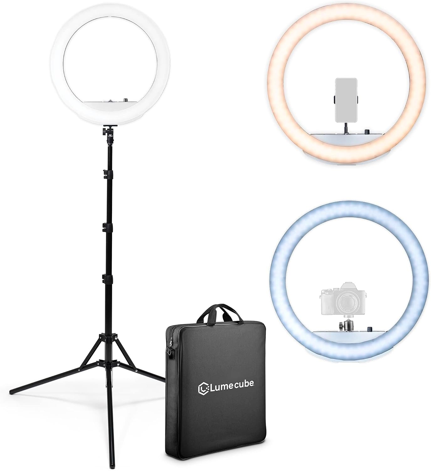 Lume Cube LED Ring Light for Videos, Selfies, Live Streaming |18' Circle Light with Stand, Phone Holder, and Camera Mount | Portable + 6.5 ft Tripod Stand and Travel Case | Battery Not Included
