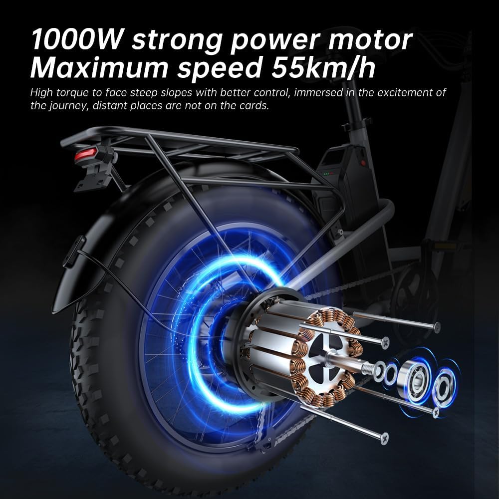 EKXBIKE T1 Electric Bike for Adults 48V 20AH Lithium Battery 1000W Off Road Snow Urban Commuter Electric Bicycle, 30MPH,Shamano 7-Speed, 20' Fat Tire Electric Dirt Bike for Adults
