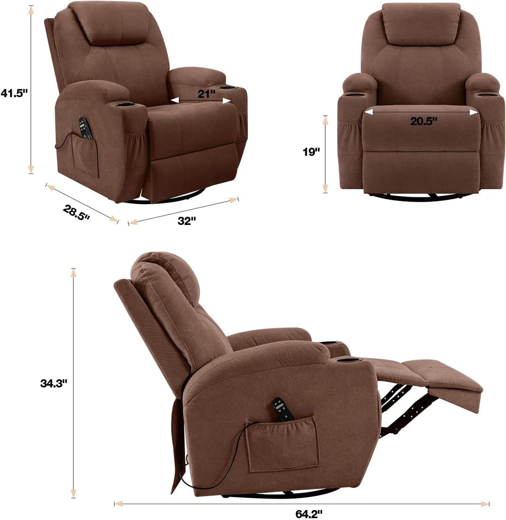 Flamaker Rocking Chair Recliner Chair with Massage Swivel Ergonomic Lounge Chair Classic Single Sofa with 2 Cup Holders Side Pockets Living Room Chair Home Theater Seat (Brown)