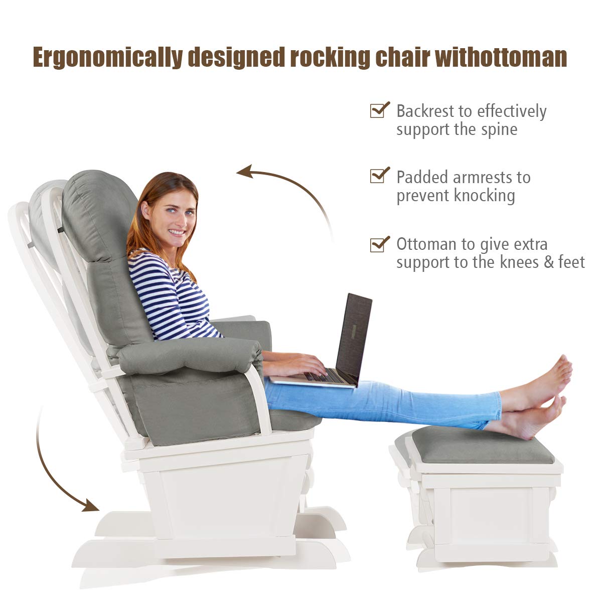 Costzon Baby Glider and Ottoman Cushion Set, Wood Baby Rocker Nursery Furniture for Napping, Nursing, Reading, Upholstered Comfort Nursery Chair w/Padded Armrests & Detachable Cushion (Light Grey)