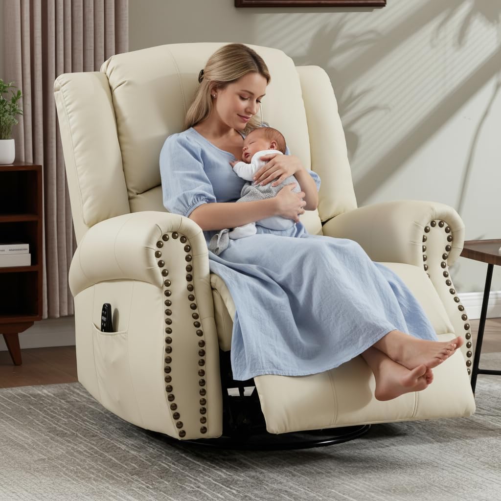 PELUMY Breathable Leather Swivel Rocking Recliner Chair for Adults, 360° Swivel Glider Rocker with Heat & Vibrating Massage, Lounge Chair for Living Room, Bedroom, Nursery (Creamy Beige)