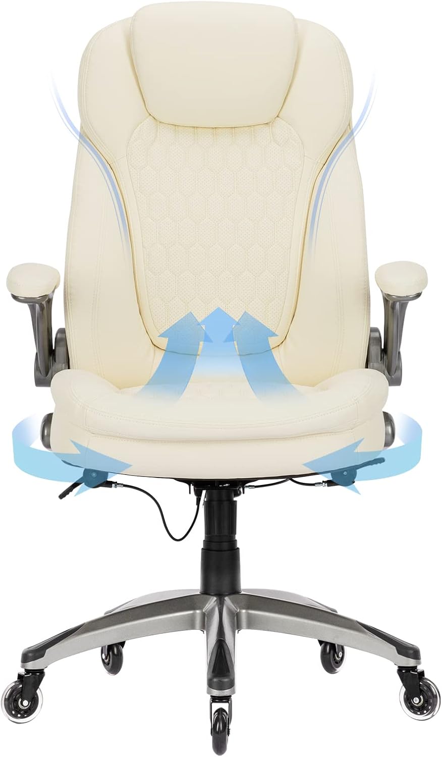 COLAMY Ergonomic Office Chair, Set of 2 Boxes, High Back Leather Desk Chair with Flip-up Arms, Adjustable Height & Rocking Function, Silent Wheels, Ivory Executive Computer Chair, 300lbs Capacity