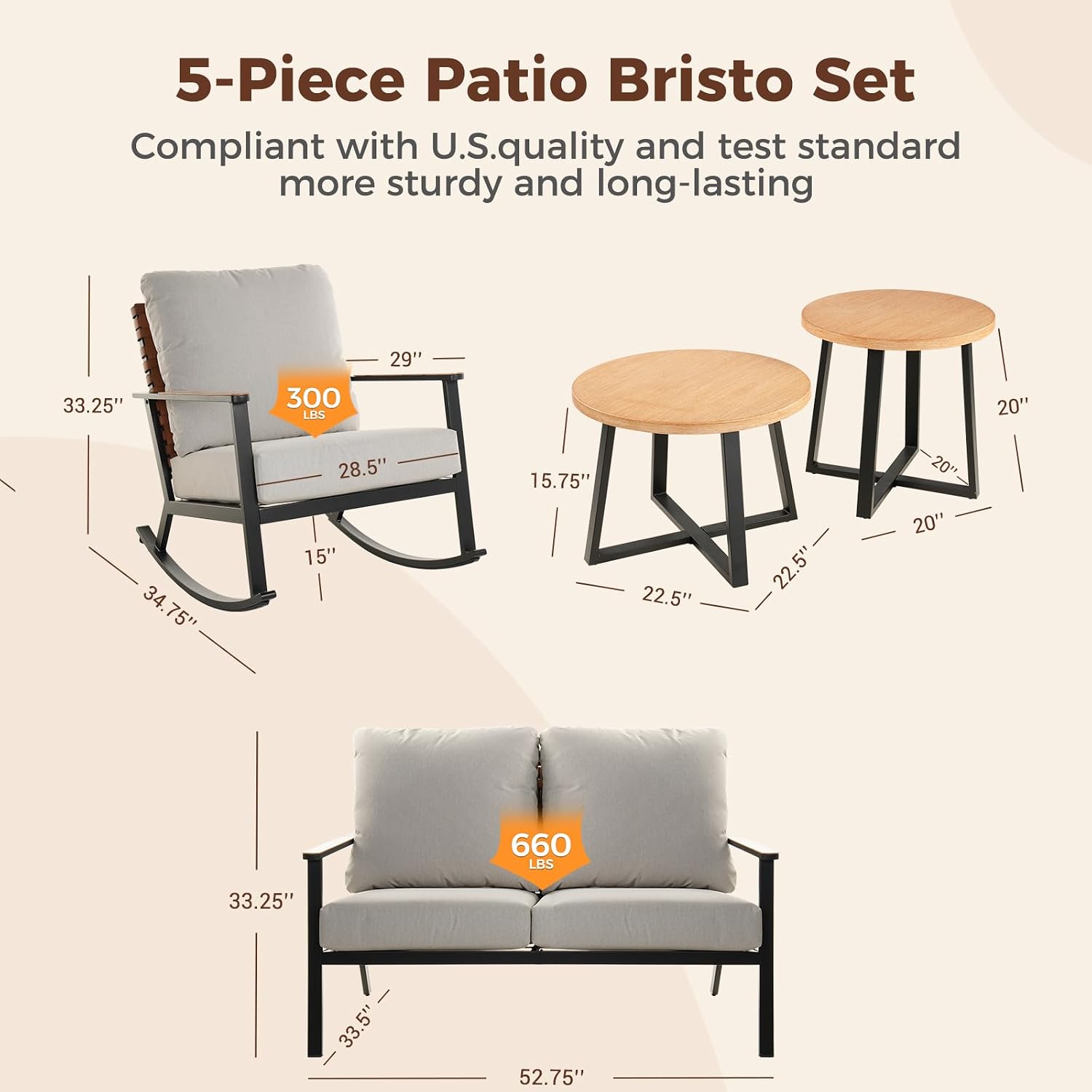 Grand patio Outdoor Rocking Chairs, 2-Piece Loveseat Leather-Look Patio Bistro Set Outdoor Furniture Conversation Sets，4.75'' Grey Cushions