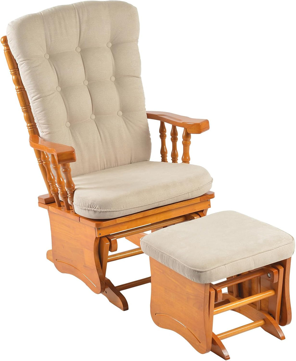 Anti-Pinch Solid Wood Hand Glider Rocking Chair Set with Ottoman, Padded Cushion, Rustic Rubber Wood Nursery Glider for Nursing, Relaxing, Living Room, Bedroom, Honey Colored