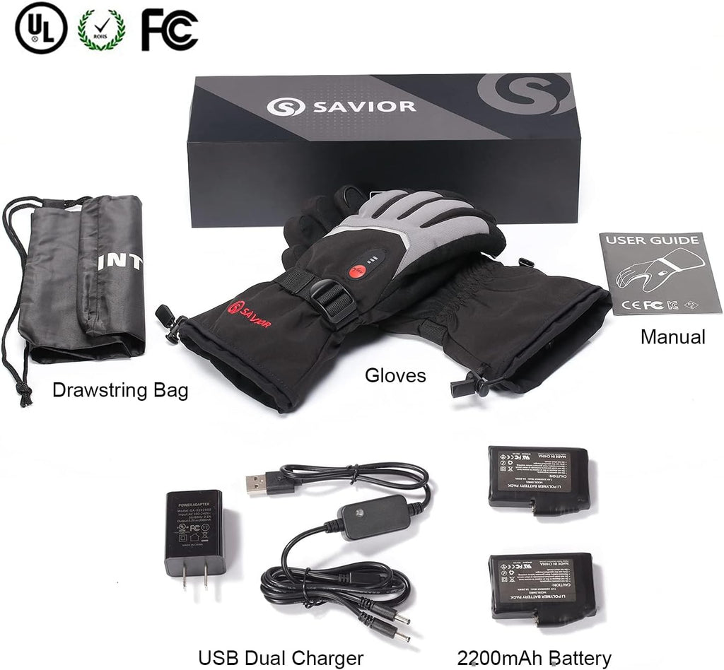 SAVIOR HEAT Rechargeable Heated Gloves with 3 Heating Levels - Electric Ski Gloves, Touchscreen, Waterproof for Men Women
