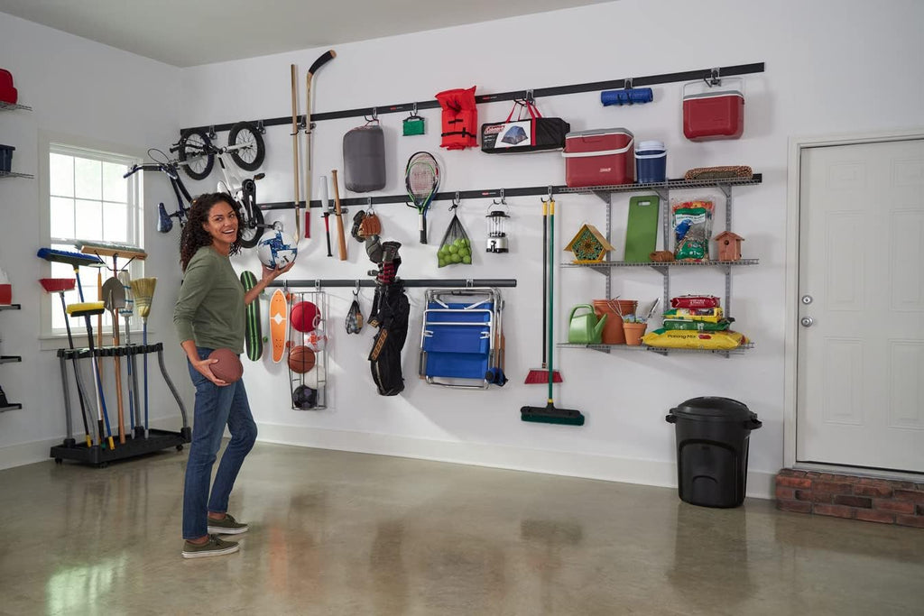 Rubbermaid 24-Piece FastTrack Garage Wall-Mounted Storage Kit, 6 Rails and 18 Hooks, Black, for Home/House/Tool/Sports/Equipment/Utility Purposes
