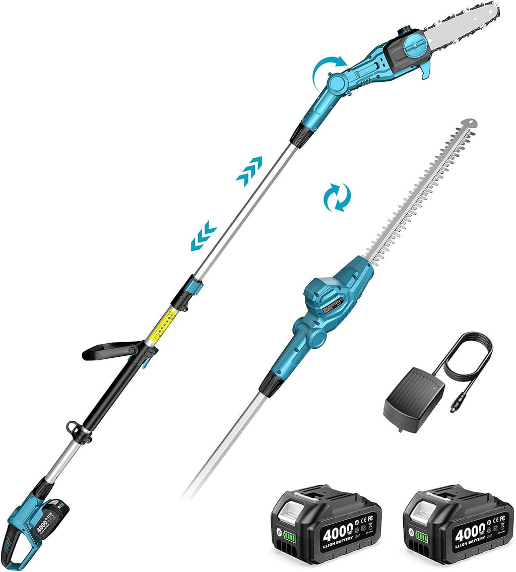 SEESII 2-in-1 Cordless Pole Saw & Hedge Trimmer Combo, 8' Electric Pole Chainsaw with 2×4.0 Ah Batteries, 16-Inch Extension Pole Hedge Trimmer, Bush Tree Pruner Limb Branch Cutter, 15ft Long Reach