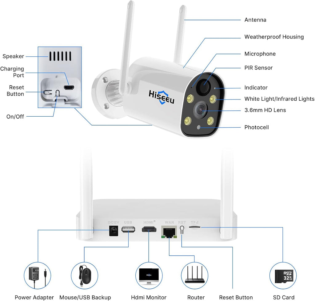 Hiseeu Solar Battery Powered Wireless Security Camera System,100% Wire-Free 3-Cam Kits,2K HD, Spotlight, Color Night Vision, 2-Way Audio, PIR, Wall Mount, Waterproof, Record with 1TB HDD Home Secuirty