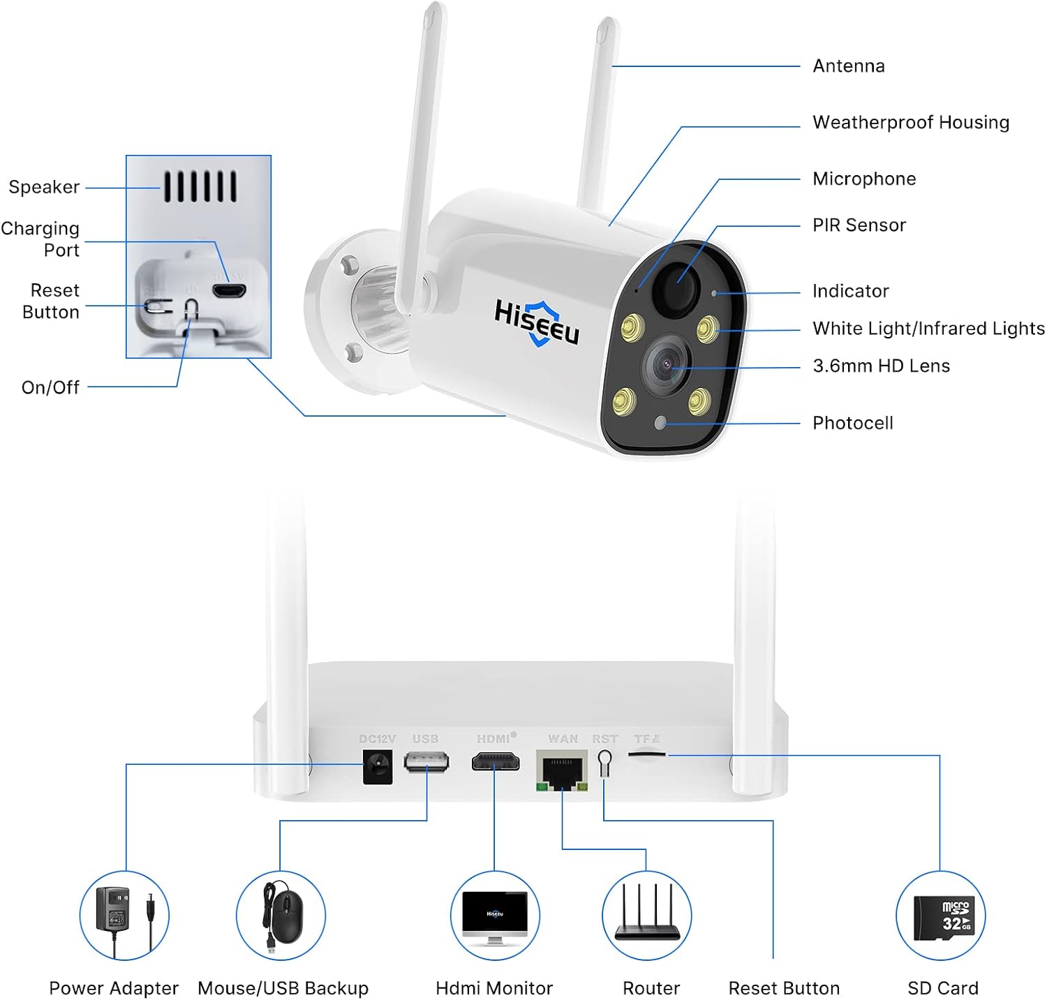 Hiseeu Solar Battery Powered Wireless Security Camera System,100% Wire-Free 3-Cam Kits,2K HD, Spotlight, Color Night Vision, 2-Way Audio, PIR, Wall Mount, Waterproof, Record with 1TB HDD Home Secuirty