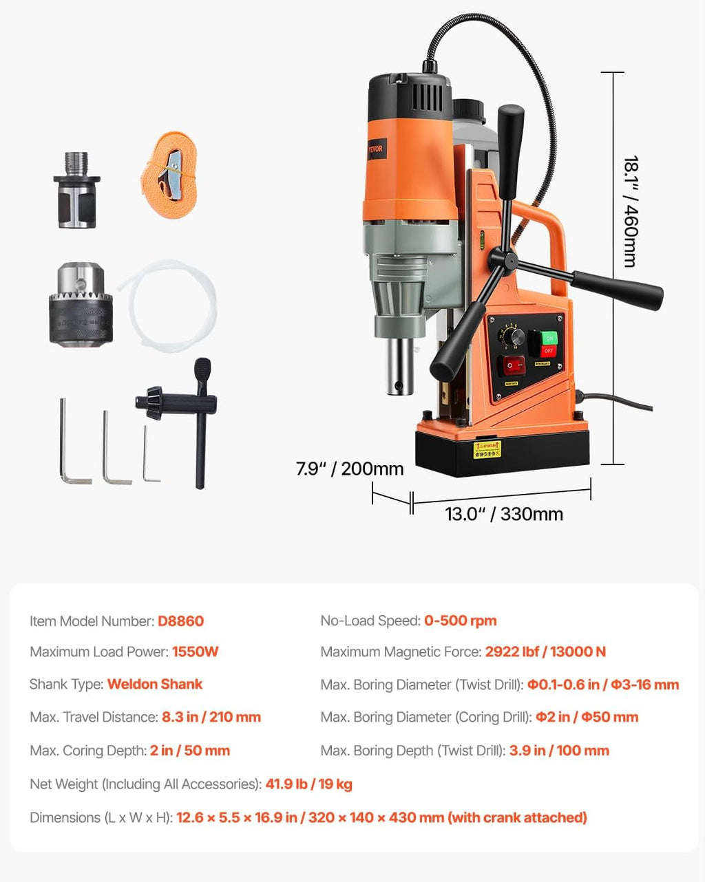 VEVOR Mag Drill Press, 1550W 2' Boring Diameter, 2922lbf Power Magnetic Drill, 500 PRM, 10-Speed, Electric Drilling Machine for Metal Surface, Industrial and Home Improvement