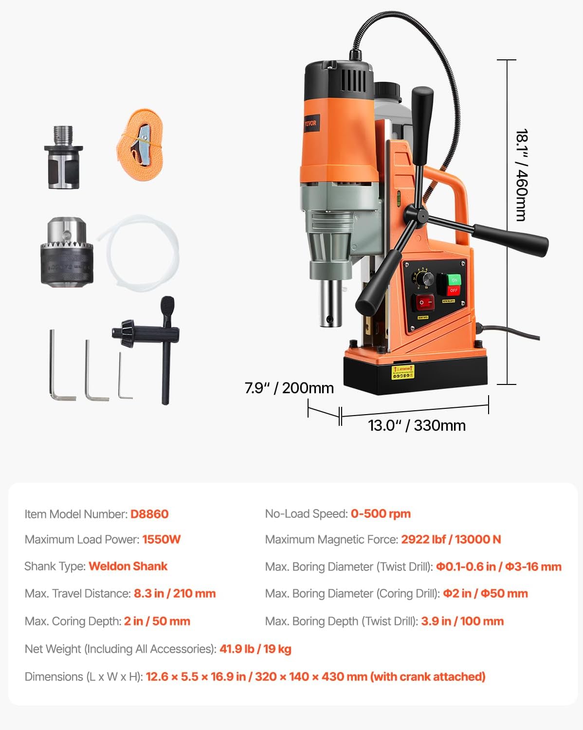 VEVOR Mag Drill Press, 1550W 2' Boring Diameter, 2922lbf Power Magnetic Drill, 500 PRM, 10-Speed, Electric Drilling Machine for Metal Surface, Industrial and Home Improvement