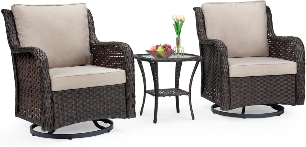 GAOMON 3 Piece Outdoor Patio Set, Wicker Rocking Bistro Set with 2 Swivel Chairs & Tempered Glass Top Table, Rattan Outdoor Furniture with Cushions for Patio Porch Backyard (Large)