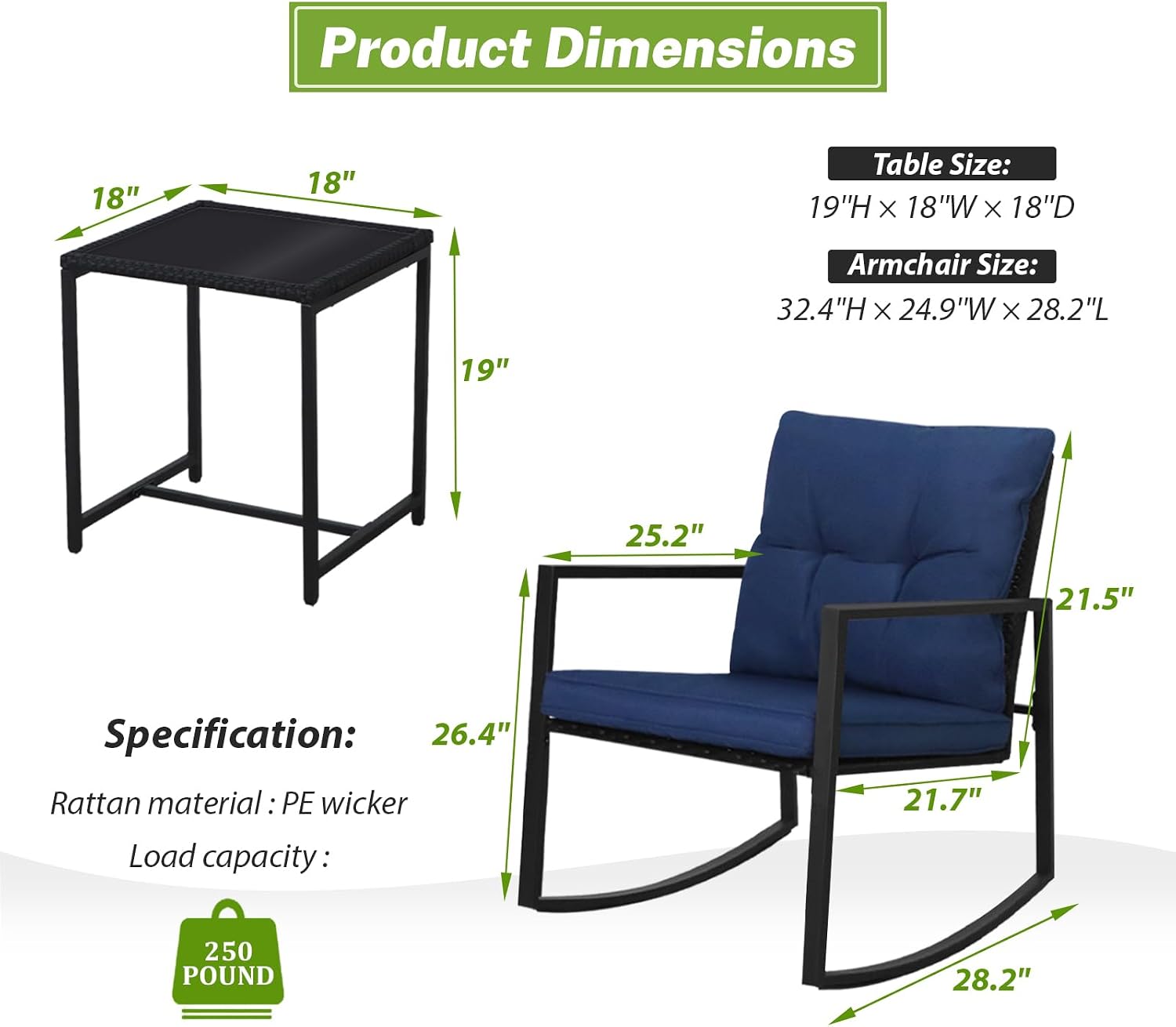 SUNCROWN 3 Piece Outdoor Rocking Bistro Set Black Wicker Furniture Porch Chairs Conversation Sets with Glass Coffee Table, Dark Blue