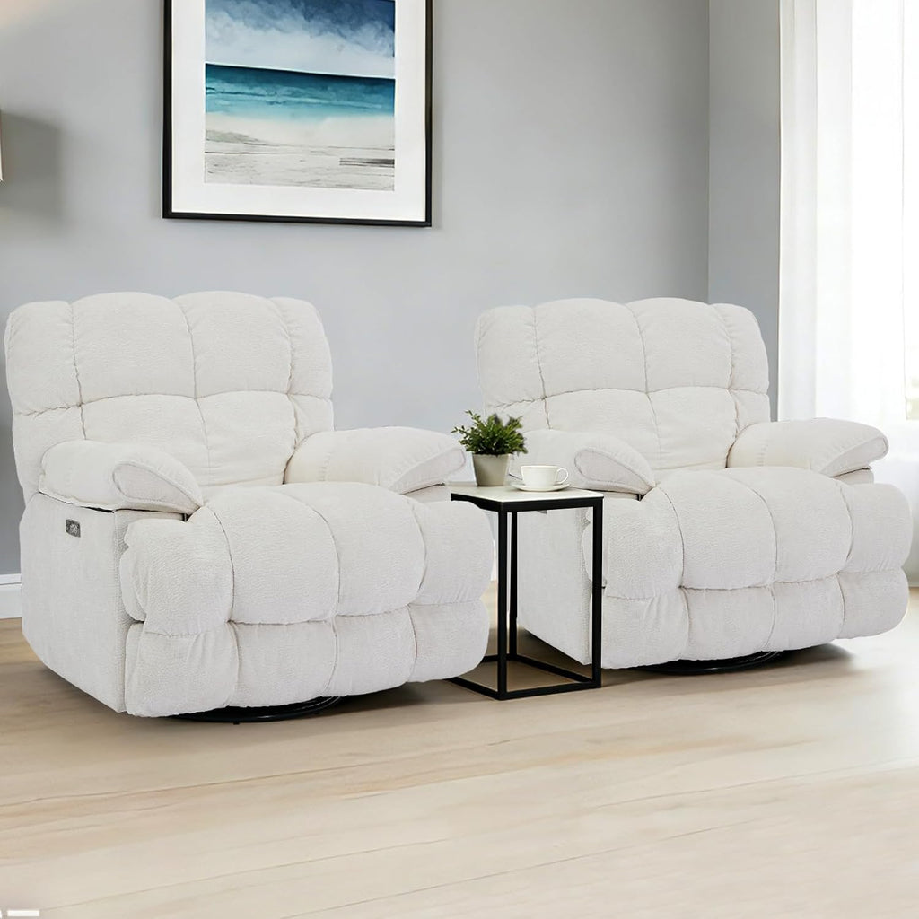 GINGO Power Oversized Recliner Chair Set of 2, Extra Wide Swivel Rocking Recliner Chair, Breathable Soft Fabric Modern Single Sofa for Living Room, Electric Adjustable Angle, USB & Type-C Port, White