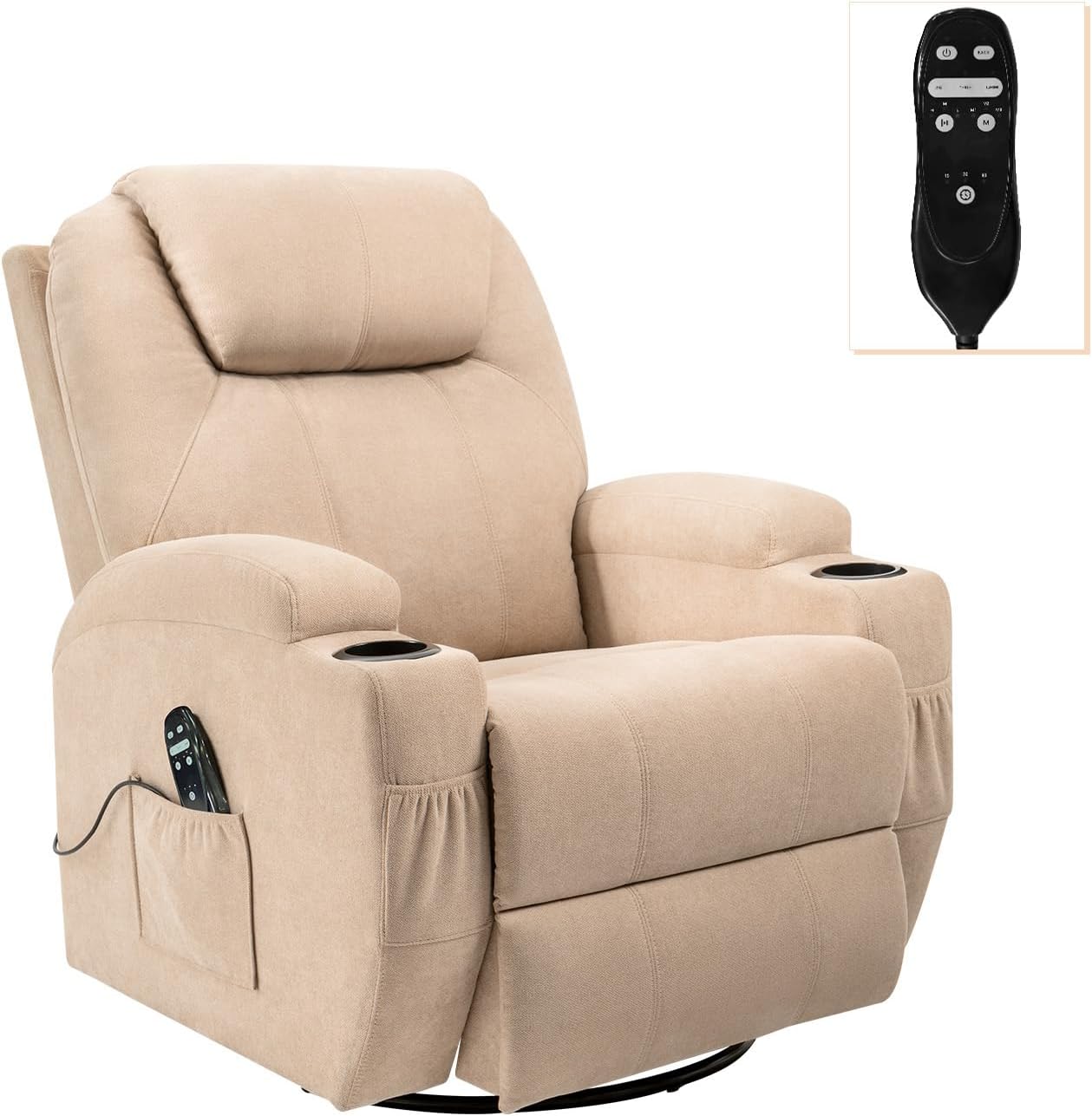 Flamaker Rocking Chair Recliner Chair with Massage Swivel Ergonomic Lounge Chair Classic Single Sofa with 2 Cup Holders Side Pockets Living Room Chair Home Theater Seat (Beige)