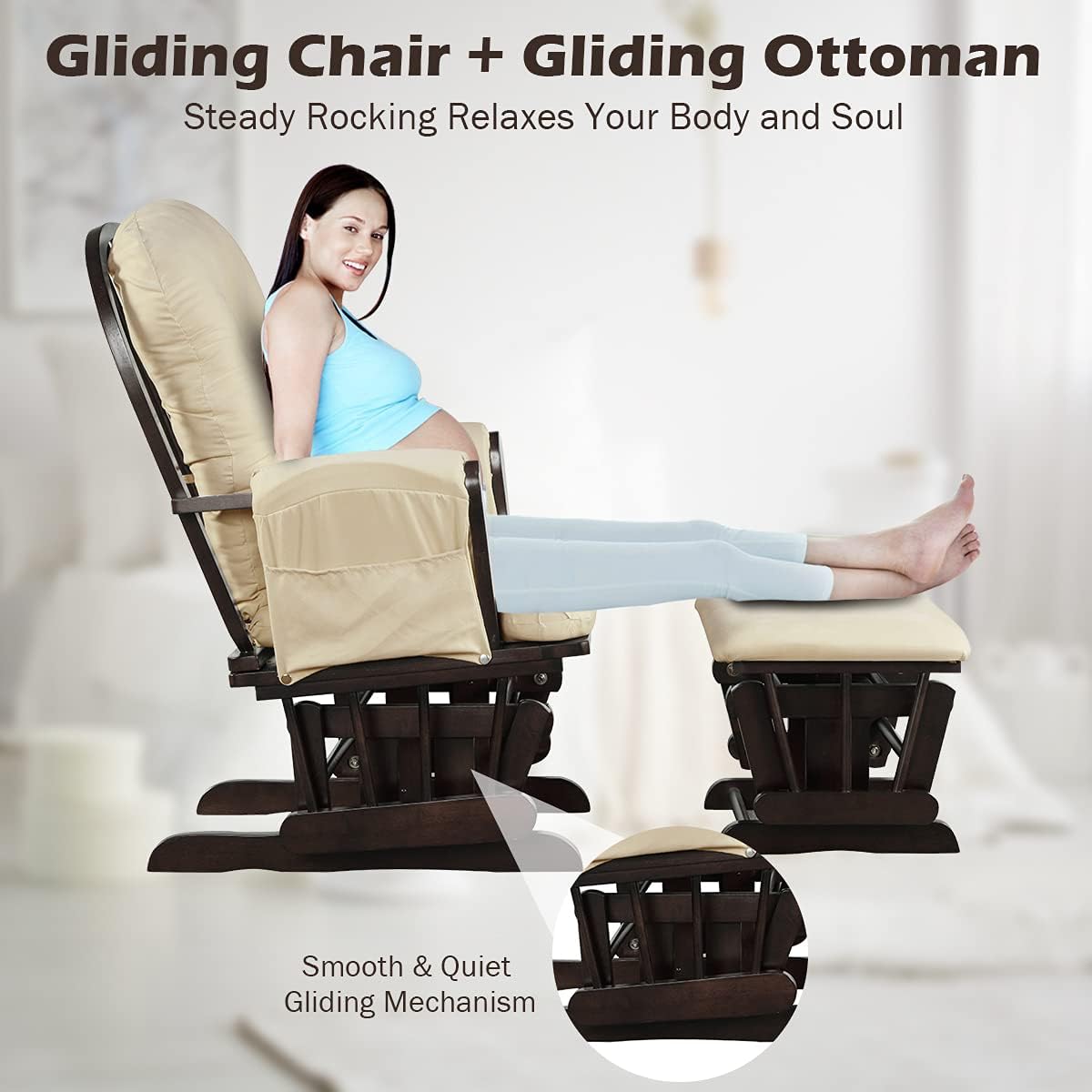 Costzon Glider and Ottoman Set, Wood Glider Rocker for Nursery, Upholstered Comfort Nursing Rocking Chair with Storage Pocket, Padded Armrests & Detachable Cushion, Easy to Assemble (Beige)